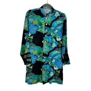 Chico's Design Silk Tunic Top Size 0 US S Blue Green Floral Beaded Asian Motif